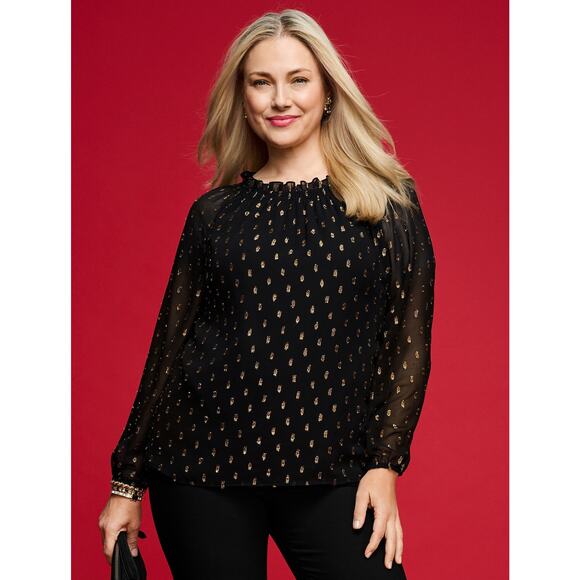 Talbots Smocked Blouse Black Metallic Clip Dot Keyhole Back Long Sleeve Sz M - Picture 7 of 8